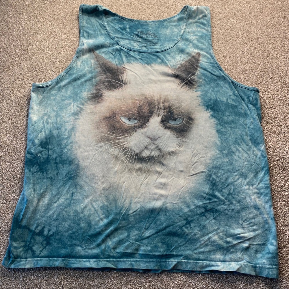The Mountain Grumpy Cat Tank Top Mens Large Blue Tie Dye Graphic Meme Shirt L